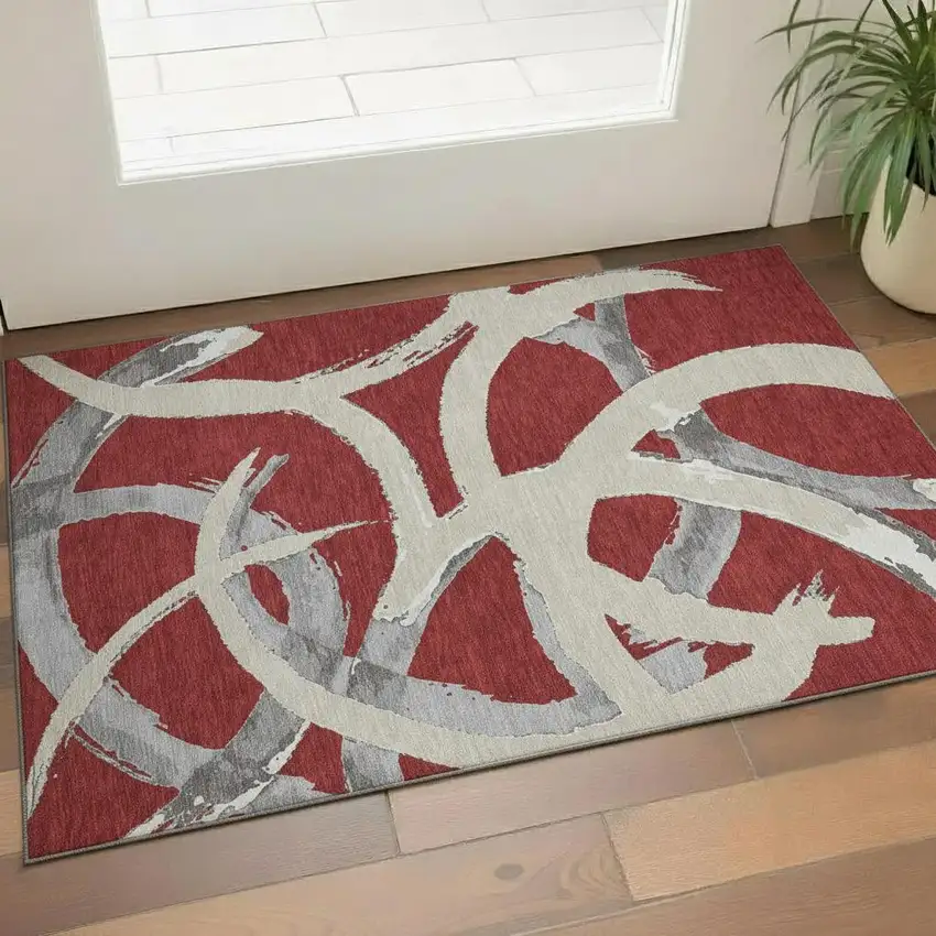 Red Ivory And Gray Abstract Washable Area Rug With UV Protection Photo 2