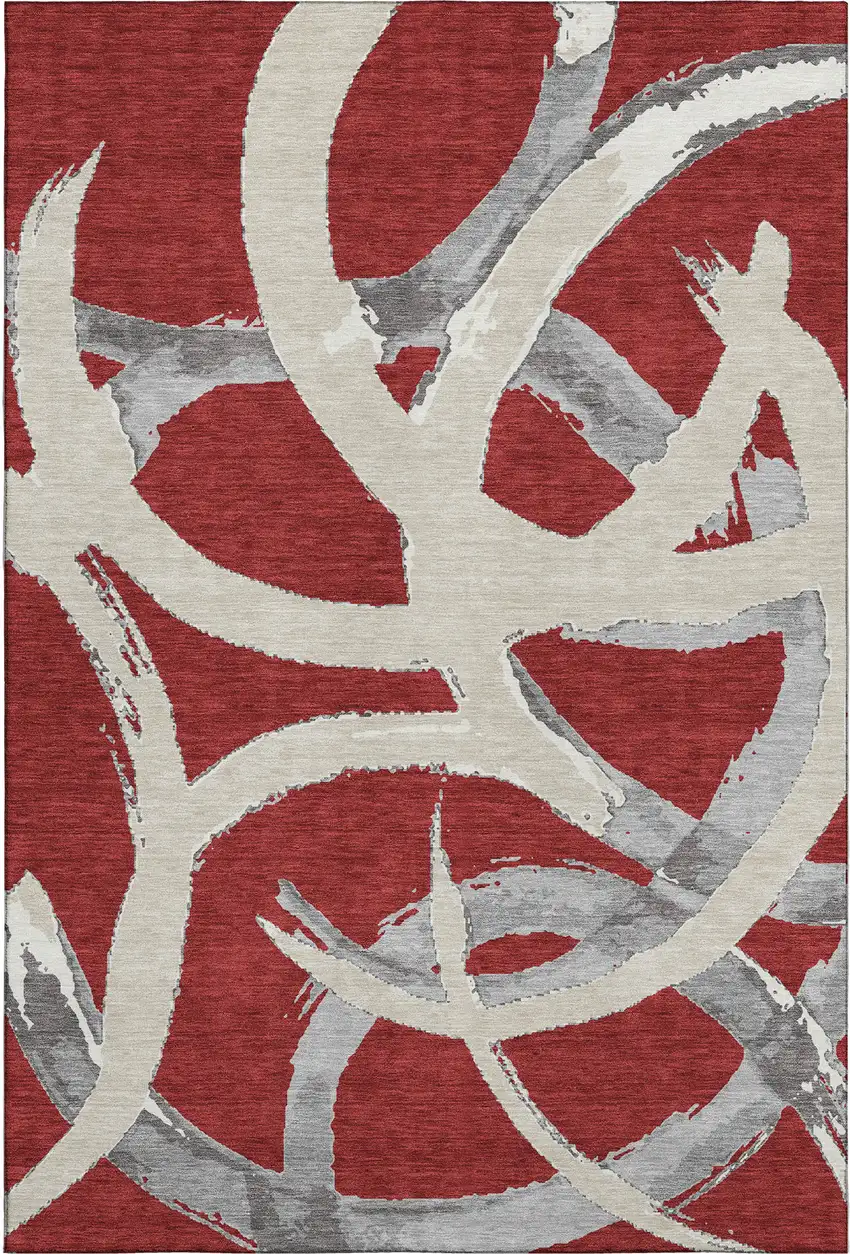 Red Ivory And Gray Abstract Washable Area Rug With UV Protection Photo 1