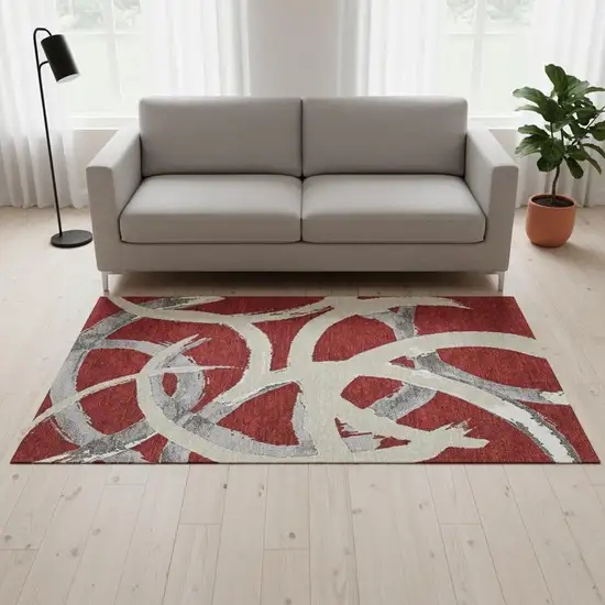 Red Ivory And Gray Abstract Washable Area Rug With UV Protection Photo 2