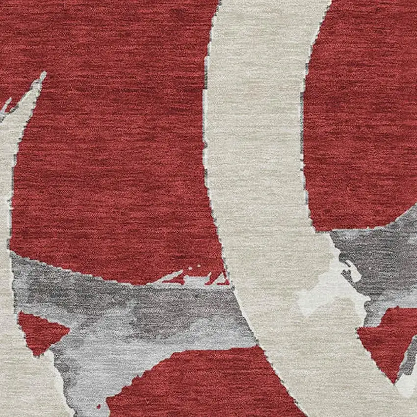 Red Ivory And Gray Abstract Washable Area Rug With UV Protection Photo 2