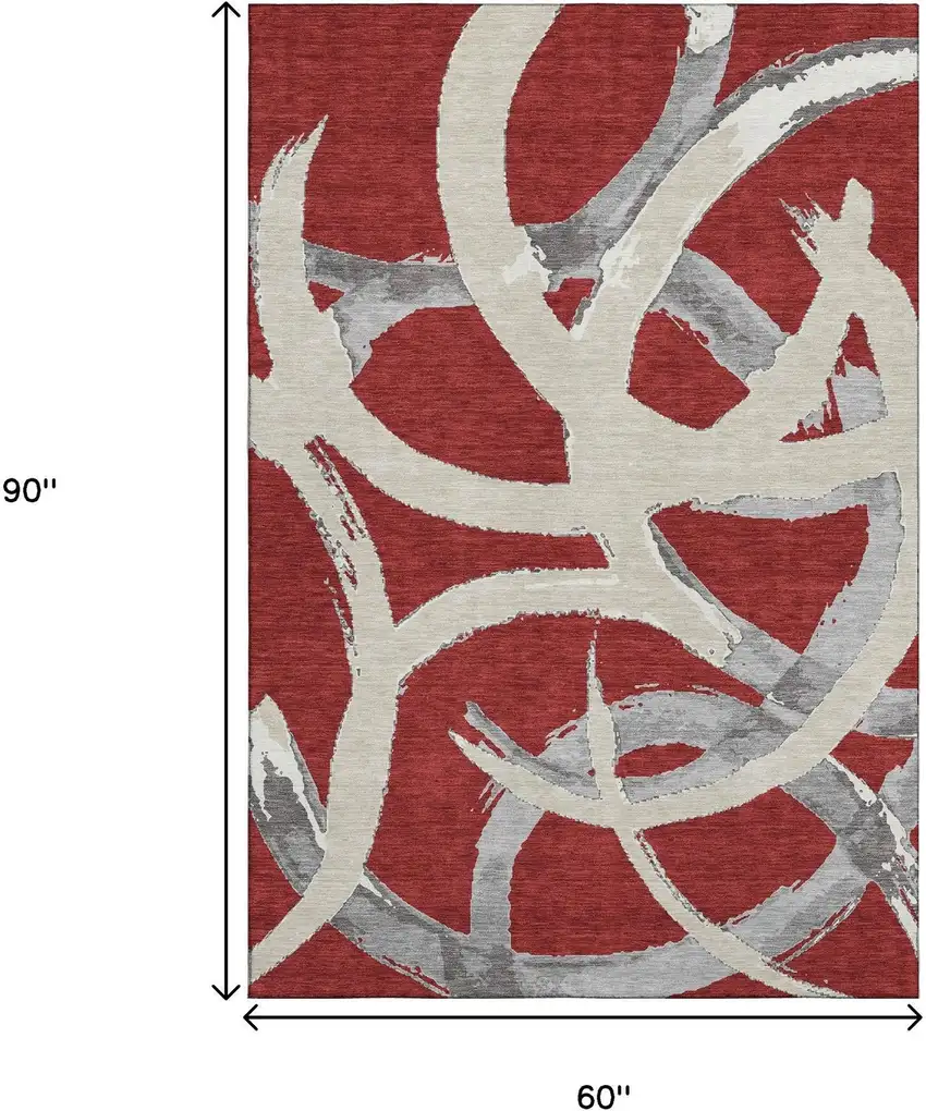 Red Ivory And Gray Abstract Washable Area Rug With UV Protection Photo 9