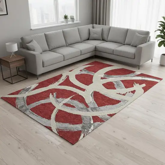 Red Ivory And Gray Abstract Washable Area Rug With UV Protection Photo 2