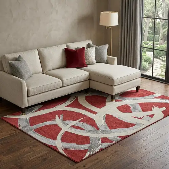 Red Ivory And Gray Abstract Washable Area Rug With UV Protection Photo 1