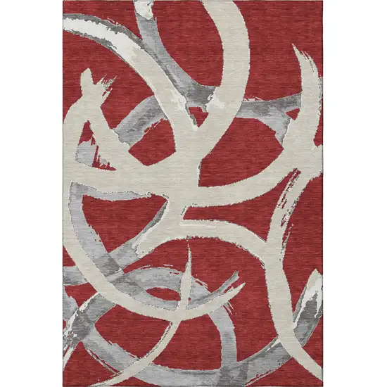 Red Ivory And Gray Abstract Washable Area Rug With UV Protection Photo 2