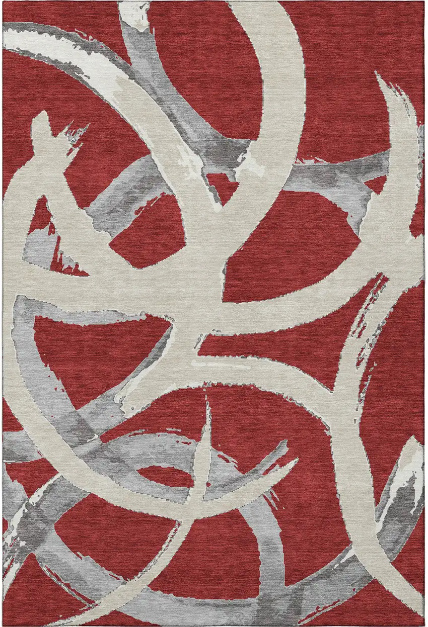 Red Ivory And Gray Abstract Washable Area Rug With UV Protection Photo 2