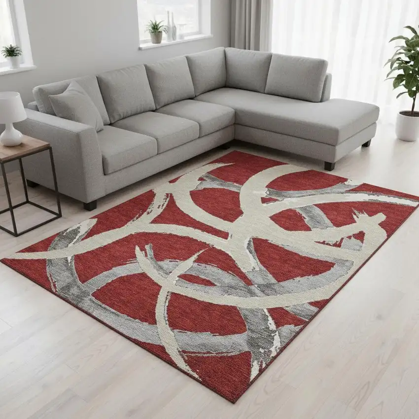 Red Ivory And Gray Abstract Washable Area Rug With UV Protection Photo 2