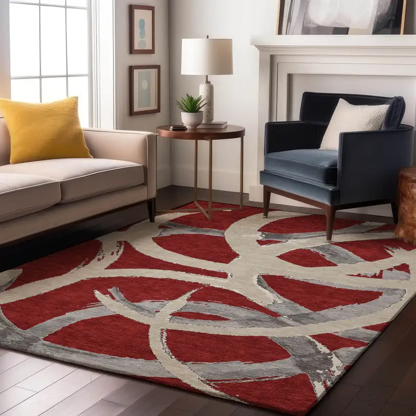 Red Ivory And Gray Abstract Washable Area Rug With UV Protection Photo 4