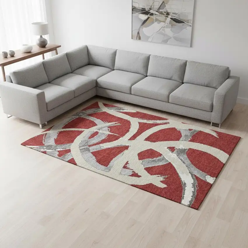 Red Ivory And Gray Abstract Washable Area Rug With UV Protection Photo 2