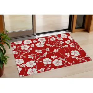 Photo of Red Ivory And Gray Floral Washable Indoor Outdoor Area Rug
