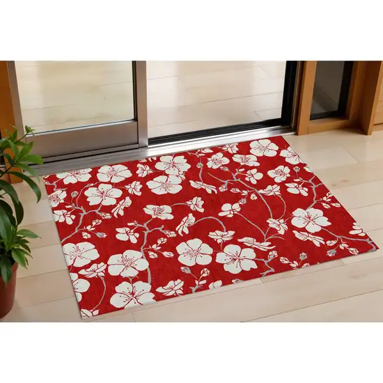 Red Ivory And Gray Floral Washable Indoor Outdoor Area Rug Photo 1