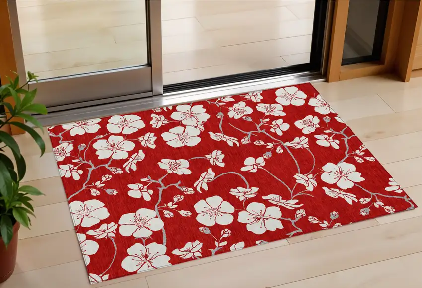 Red Ivory And Gray Floral Washable Indoor Outdoor Area Rug Photo 1