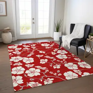 Photo of Red Ivory And Gray Floral Washable Indoor Outdoor Area Rug