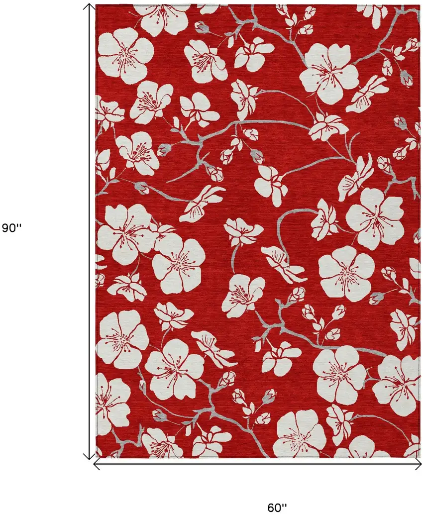Red Ivory And Gray Floral Washable Indoor Outdoor Area Rug Photo 3