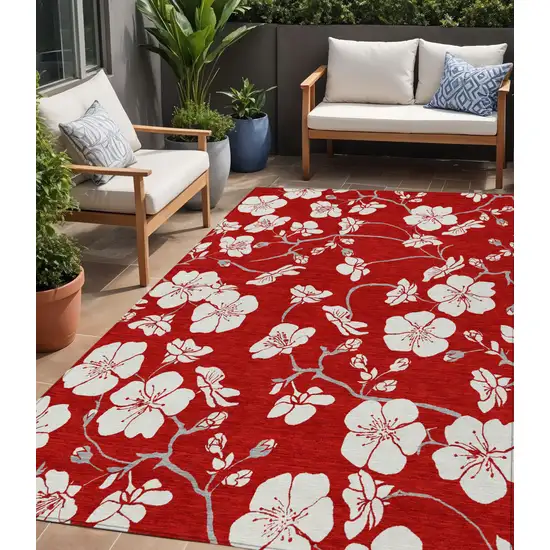 Red Ivory And Gray Floral Washable Indoor Outdoor Area Rug Photo 1