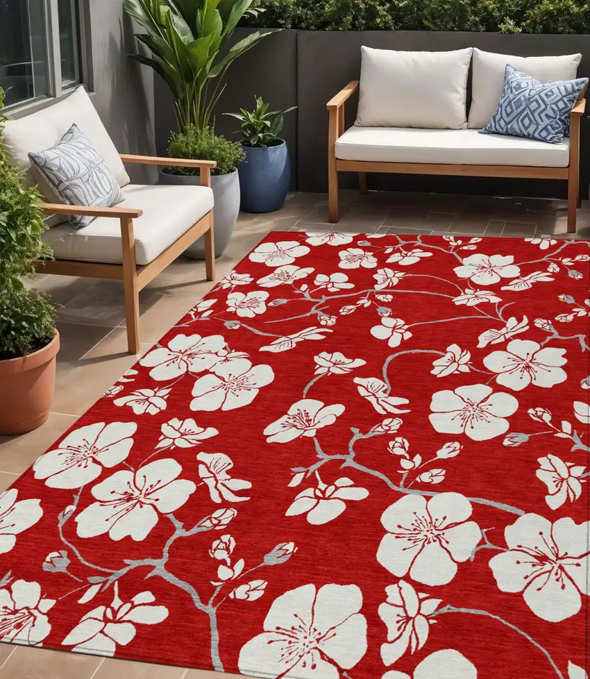 Red Ivory And Gray Floral Washable Indoor Outdoor Area Rug Photo 1