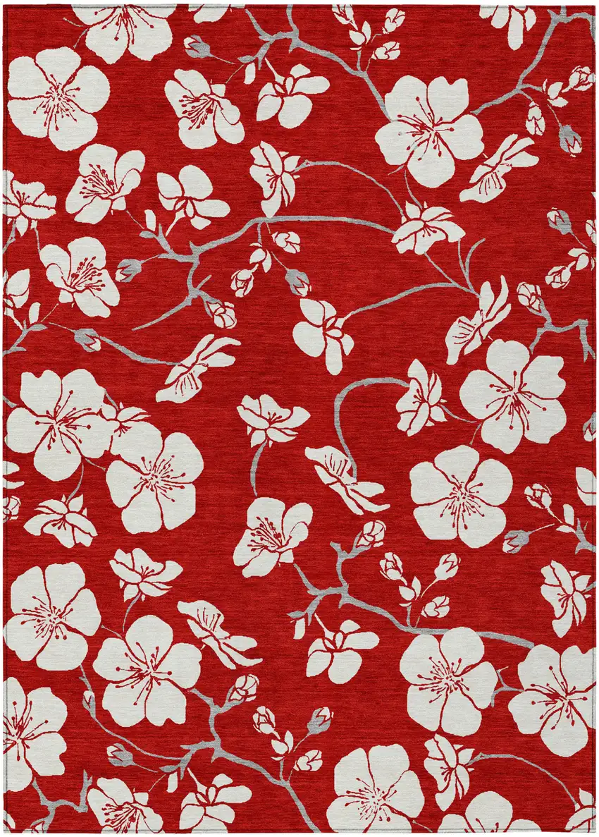 Red Ivory And Gray Floral Washable Indoor Outdoor Area Rug Photo 2