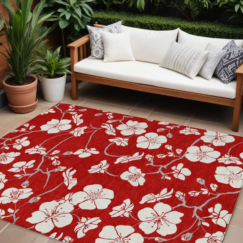 Red Ivory And Gray Floral Washable Indoor Outdoor Area Rug Photo 1