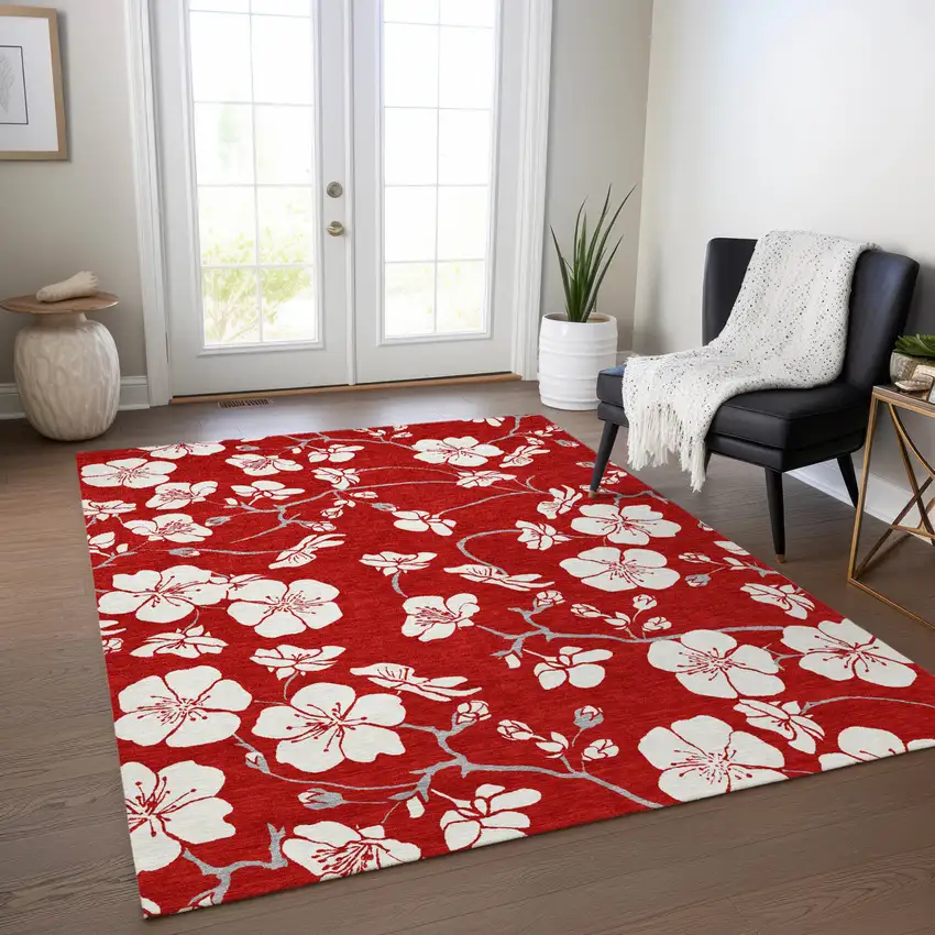 Red Ivory And Gray Floral Washable Indoor Outdoor Area Rug Photo 9