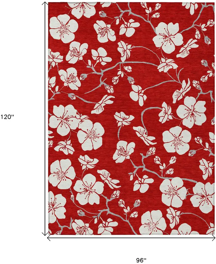 Red Ivory And Gray Floral Washable Indoor Outdoor Area Rug Photo 3