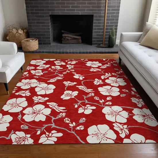Red Ivory And Gray Floral Washable Indoor Outdoor Area Rug Photo 9