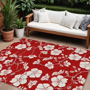 Photo of Red Ivory And Gray Floral Washable Indoor Outdoor Area Rug