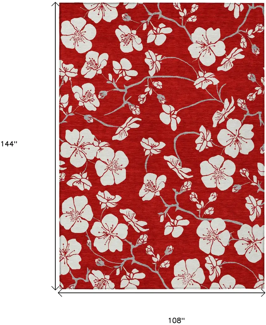 Red Ivory And Gray Floral Washable Indoor Outdoor Area Rug Photo 3