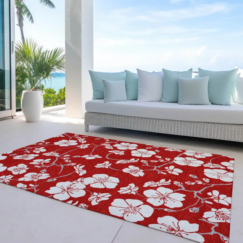 Red Ivory And Gray Floral Washable Indoor Outdoor Area Rug Photo 9