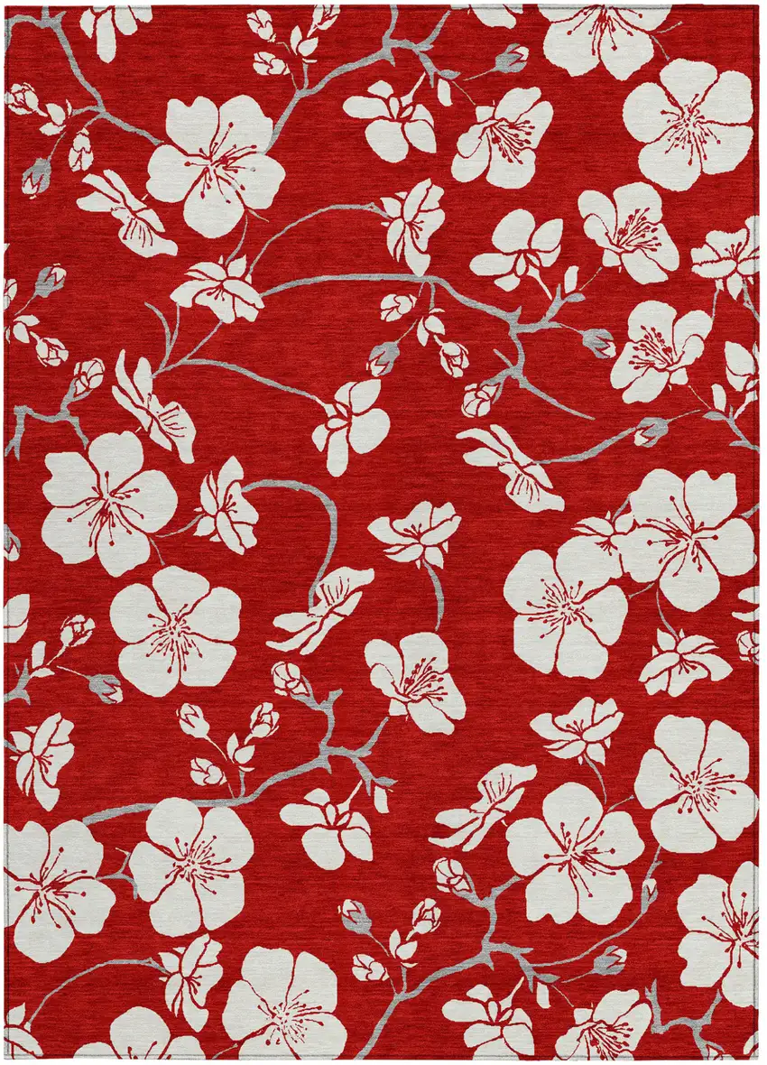 Red Ivory And Gray Floral Washable Indoor Outdoor Area Rug Photo 6