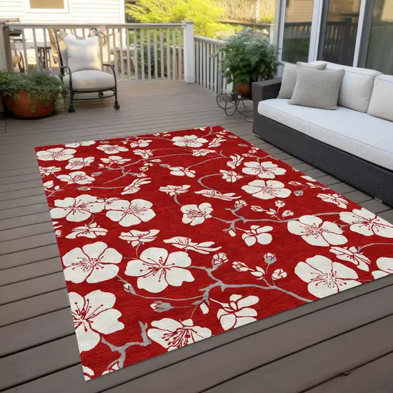 Red Ivory And Gray Floral Washable Indoor Outdoor Area Rug Photo 8