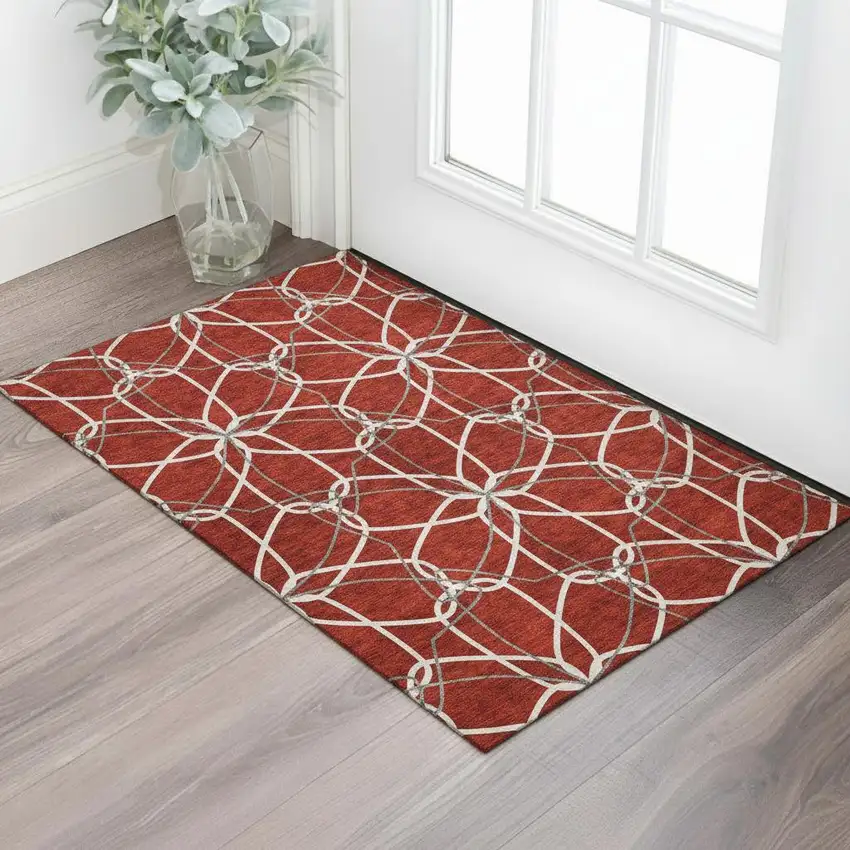 Red Ivory And Gray Geometric Washable Area Rug With UV Protection Photo 2