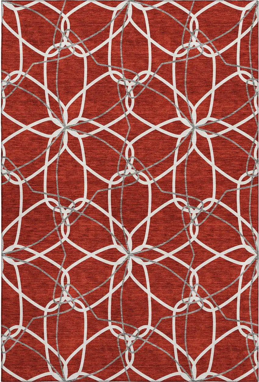 Red Ivory And Gray Geometric Washable Area Rug With UV Protection Photo 1