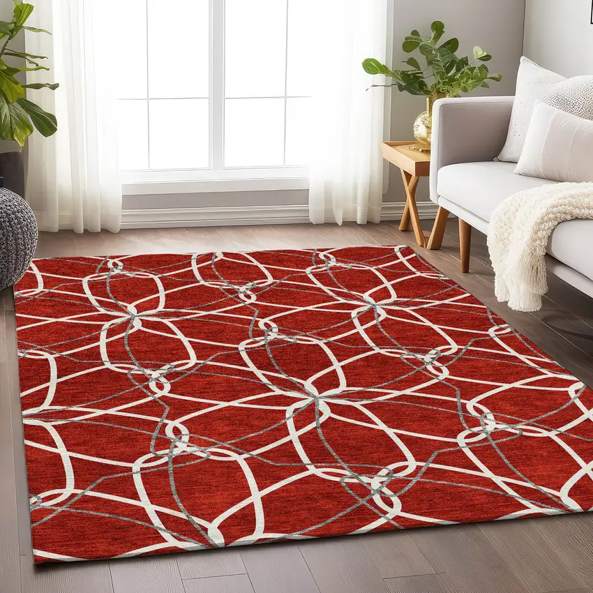 Red Ivory And Gray Geometric Washable Area Rug With UV Protection Photo 3