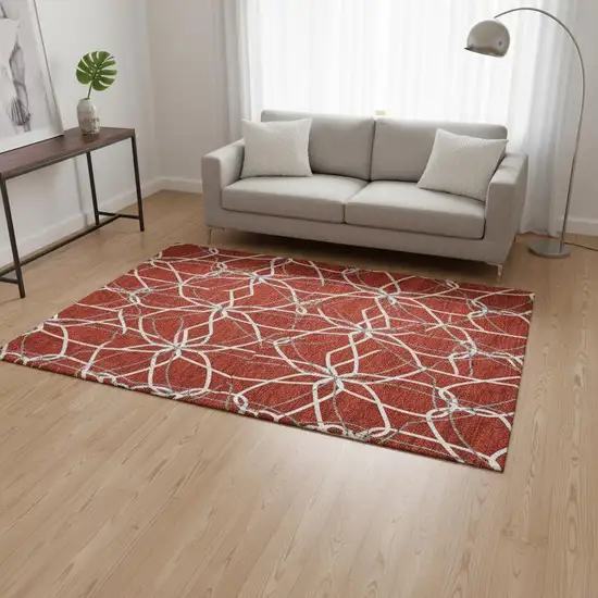 Red Ivory And Gray Geometric Washable Area Rug With UV Protection Photo 2