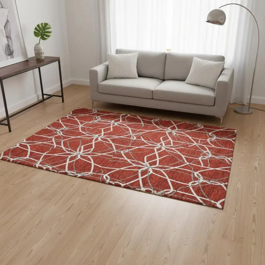 Red Ivory And Gray Geometric Washable Area Rug With UV Protection Photo 2