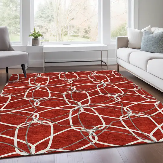 Red Ivory And Gray Geometric Washable Area Rug With UV Protection Photo 4