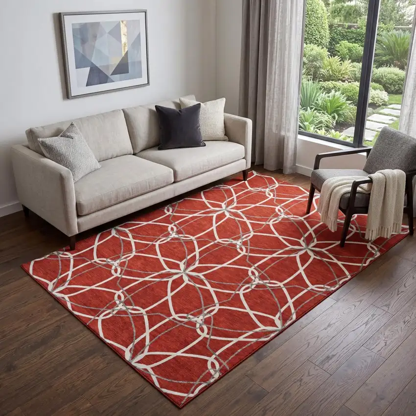 Red Ivory And Gray Geometric Washable Area Rug With UV Protection Photo 1