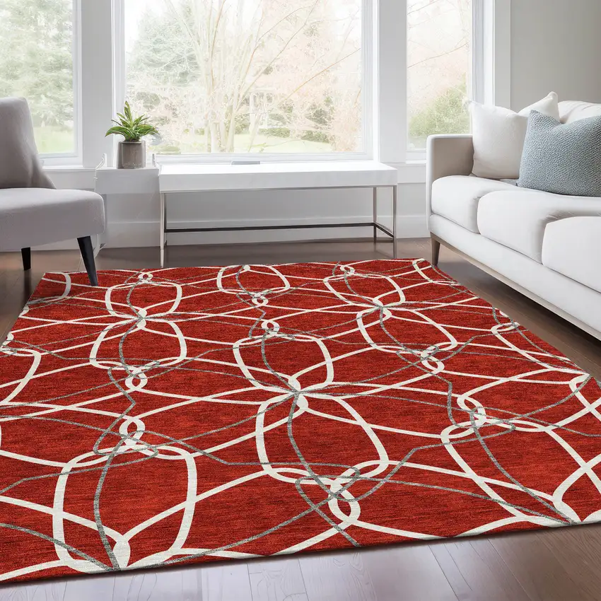 Red Ivory And Gray Geometric Washable Area Rug With UV Protection Photo 5