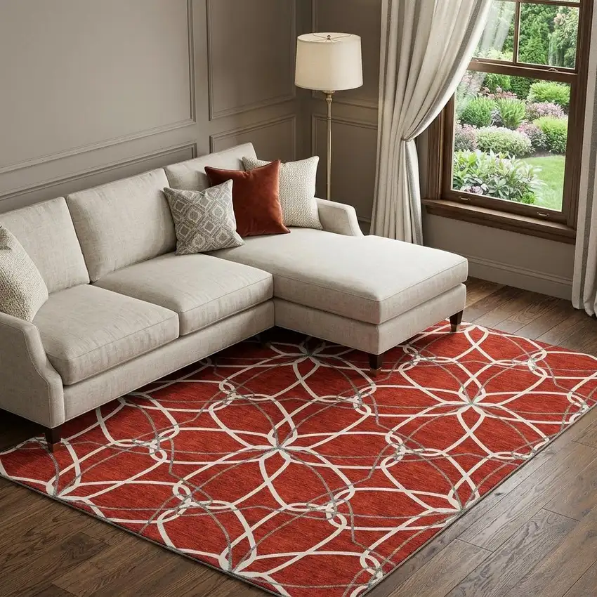 Red Ivory And Gray Geometric Washable Area Rug With UV Protection Photo 1