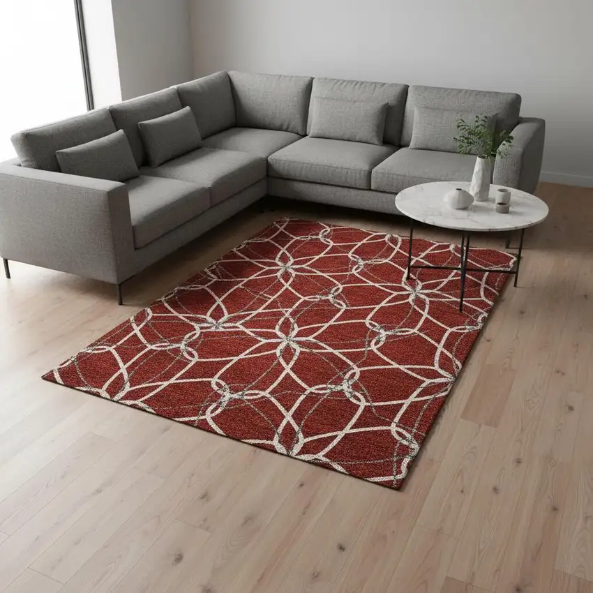 Red Ivory And Gray Geometric Washable Area Rug With UV Protection Photo 2