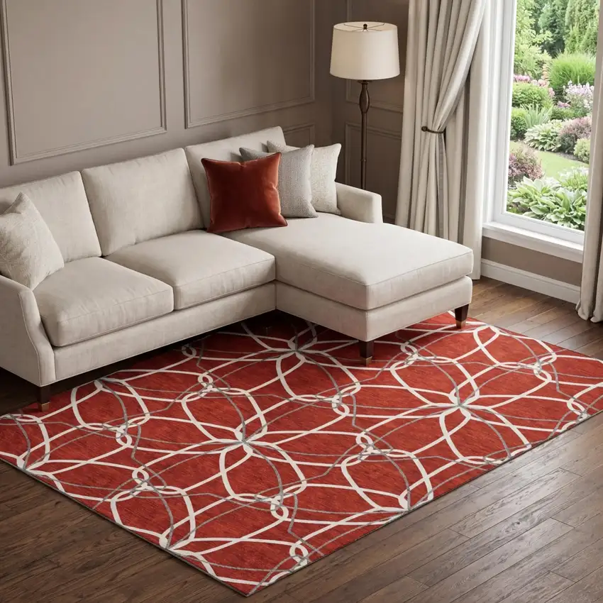 Red Ivory And Gray Geometric Washable Area Rug With UV Protection Photo 1
