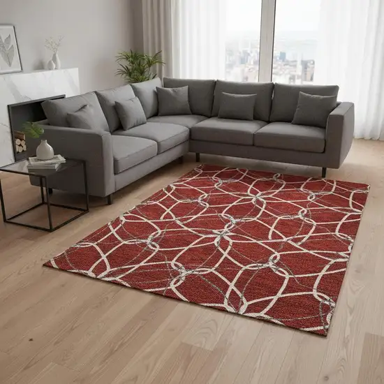 Red Ivory And Gray Geometric Washable Area Rug With UV Protection Photo 2