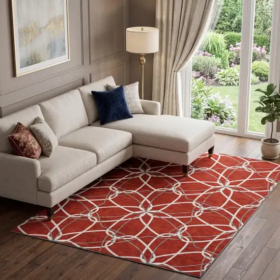 Red Ivory And Gray Geometric Washable Area Rug With UV Protection Photo 1