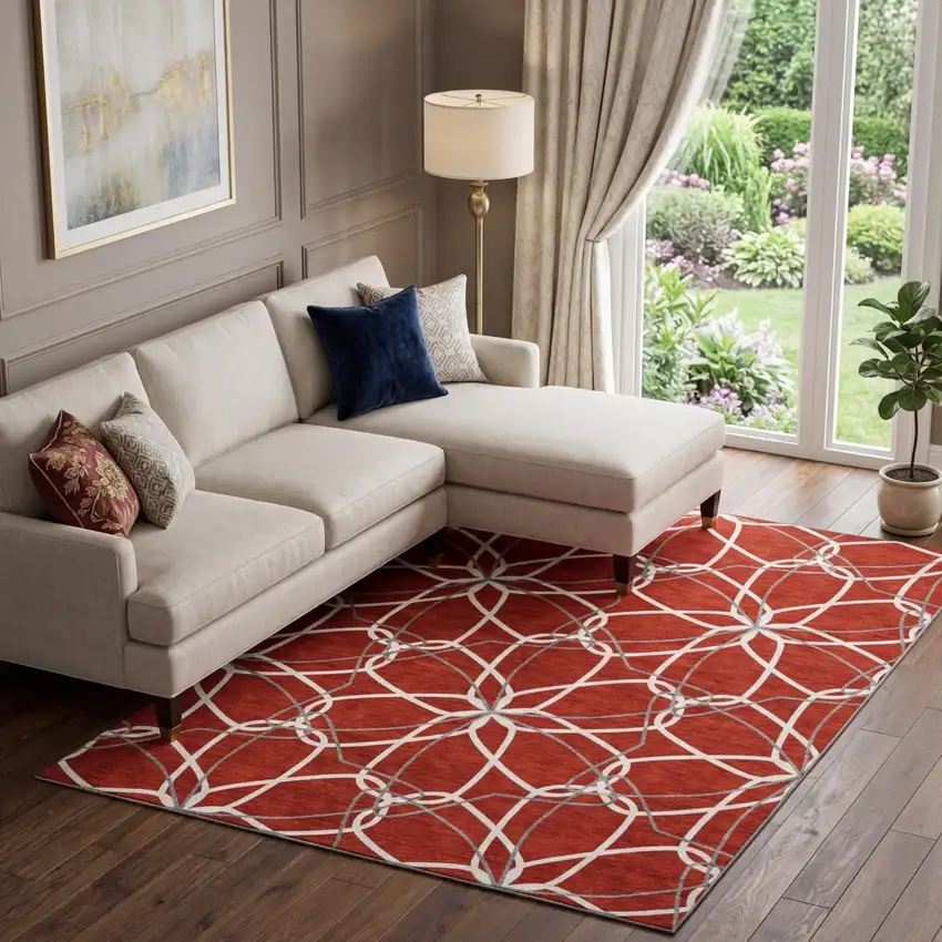 Red Ivory And Gray Geometric Washable Area Rug With UV Protection Photo 1