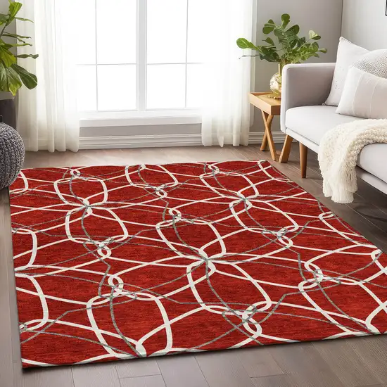 Red Ivory And Gray Geometric Washable Area Rug With UV Protection Photo 4