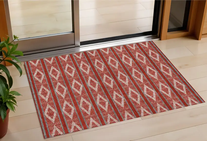 Red Ivory And Gray Geometric Washable Indoor Outdoor Area Rug Photo 1