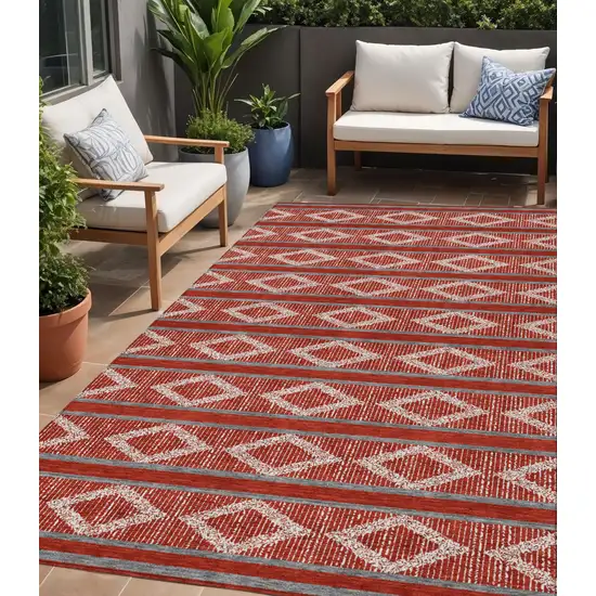 Red Ivory And Gray Geometric Washable Indoor Outdoor Area Rug Photo 1