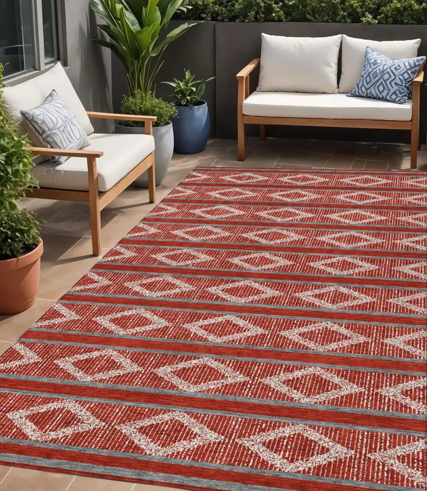 Red Ivory And Gray Geometric Washable Indoor Outdoor Area Rug Photo 1