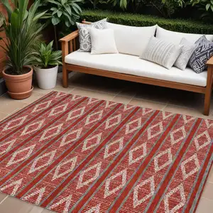 Photo of Red Ivory And Gray Geometric Washable Indoor Outdoor Area Rug