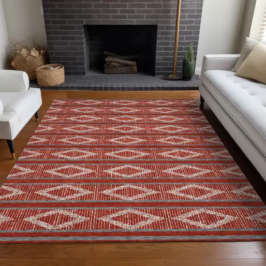 Red Ivory And Gray Geometric Washable Indoor Outdoor Area Rug Photo 9