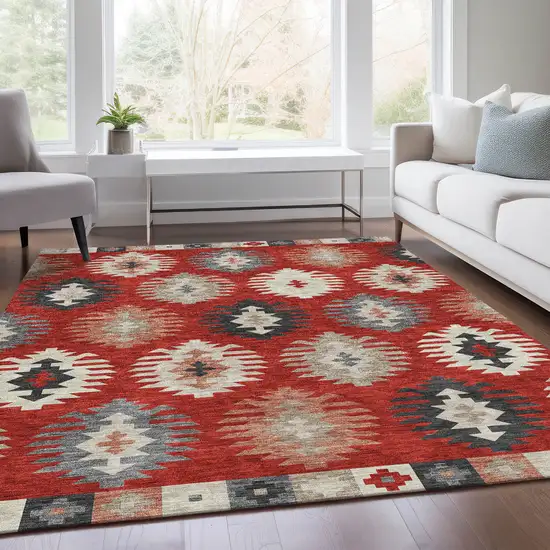 Red Ivory And Gray Southwestern Washable Area Rug With UV Protection Photo 4